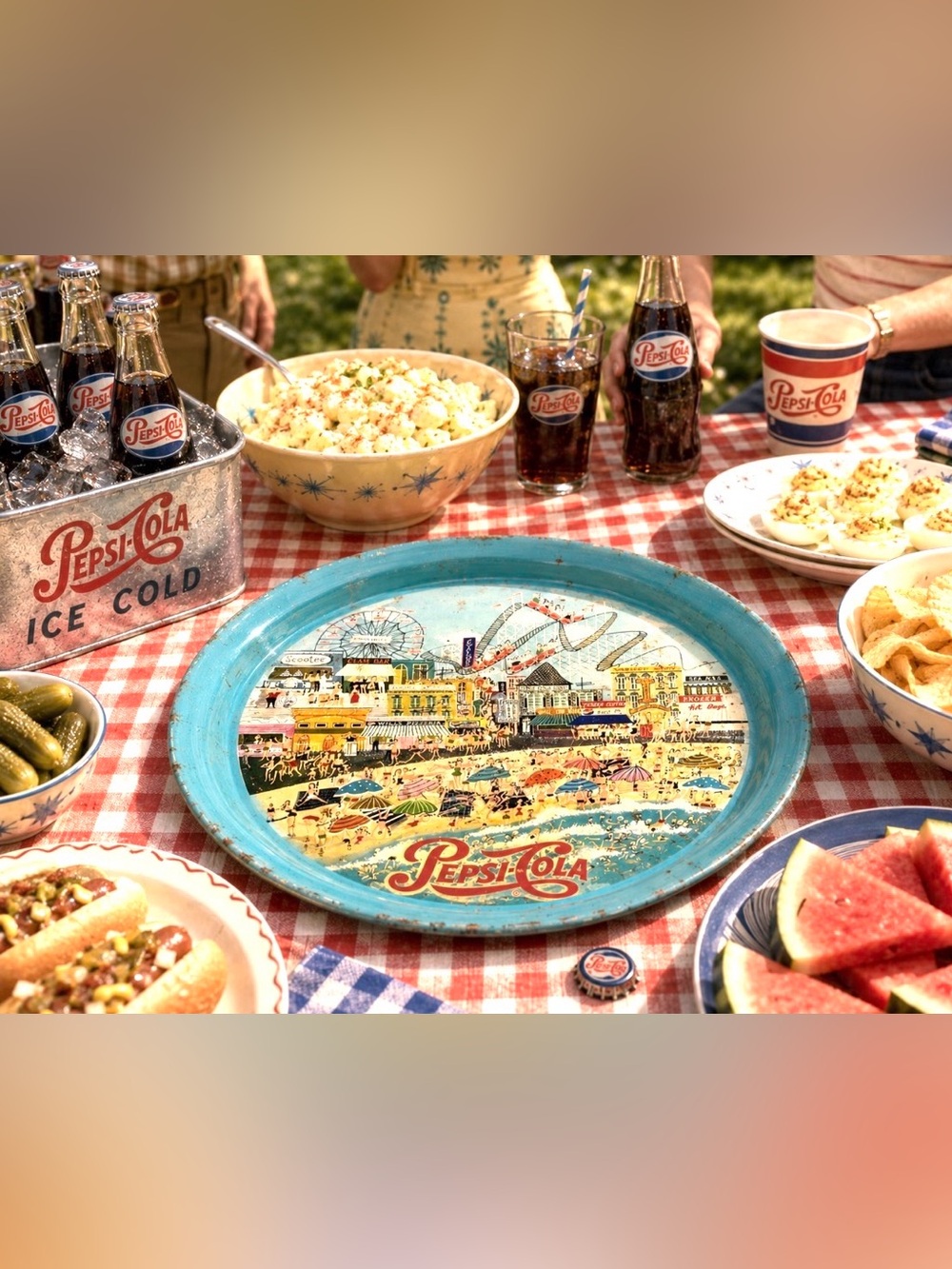 Vintage Coney Island Pepsi Cola Metal Round Drink Serving Tray